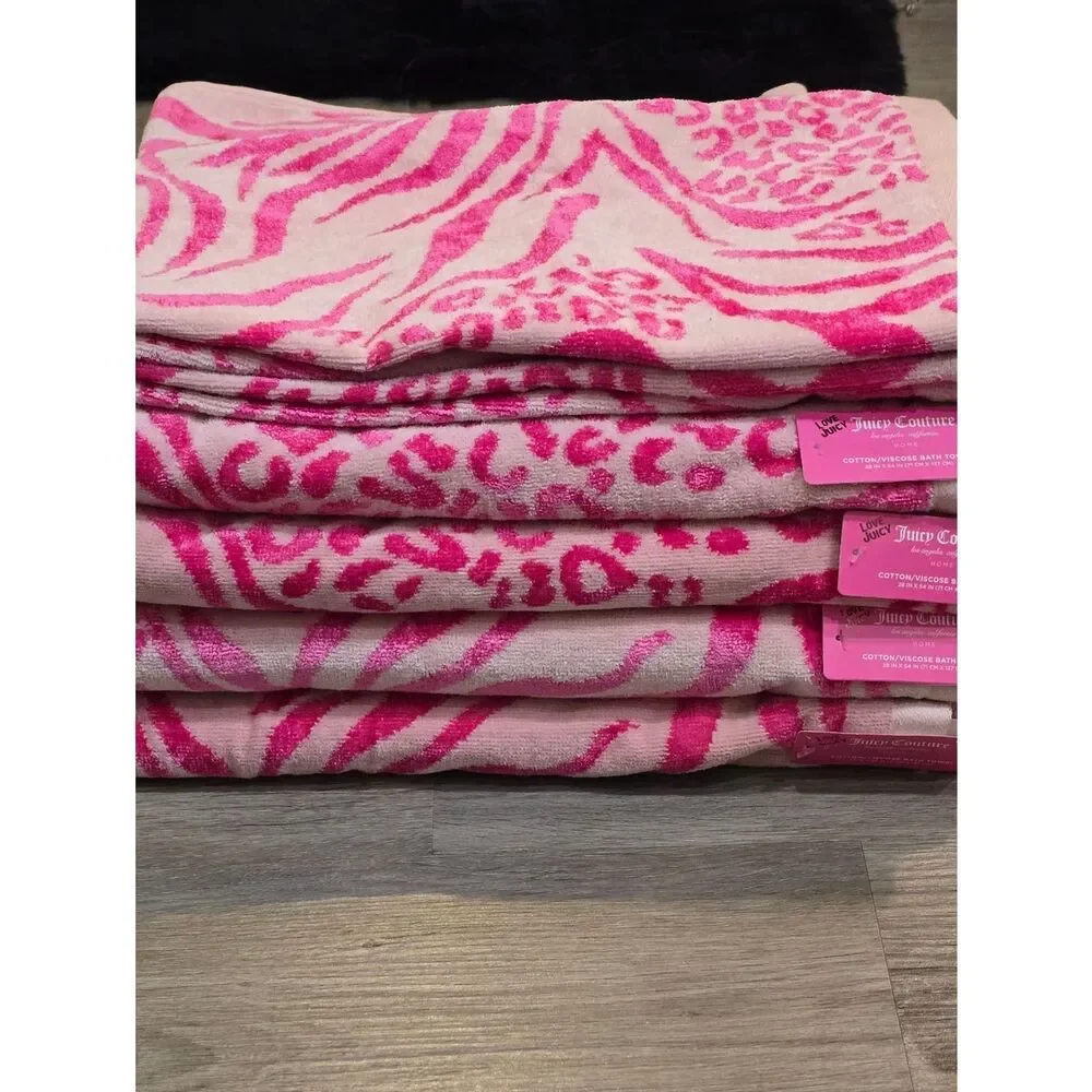 Juicy Couture Home Pink Leopord Zebra Animal Print Plush Bath & Hand Towel Set
